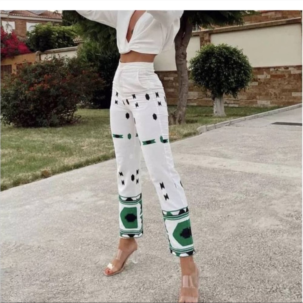 ZARA Embroidered Linen Blend Pants trousers New